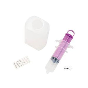 Medical syringe with purple plunger, container, and label for home medical supply use
