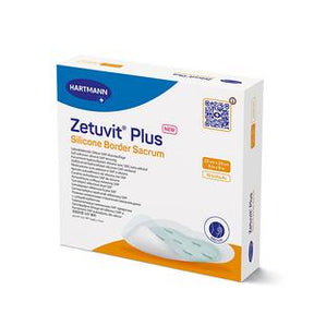 Zetuvit Plus Silicone Border Sacrum medical dressing box with product image on white background