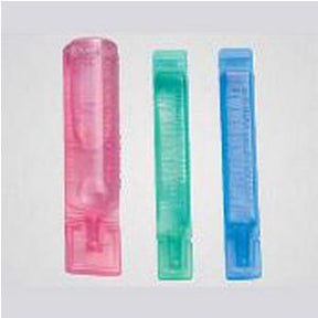 Three disposable blood lancets in pink, green, and blue for home medical use