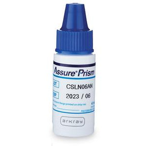 Assure Prism medical test solution bottle with blue cap for diabetes supplies