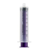 Clear plastic medical syringe with purple plunger and measurement markings