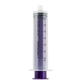 Clear plastic medical syringe with purple plunger and measurement markings