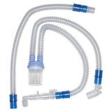 Flexible medical breathing tubing set with blue connectors on white background