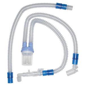 Flexible medical breathing tubing set with blue connectors on white background