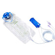 Transparent medical drainage bag with blue cap and attached tubing for home healthcare