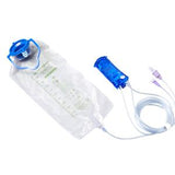 Transparent medical drainage bag with blue cap and attached tubing for home healthcare