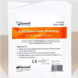 Gentell Split Drain Foam Dressing 4x5 inch wound care pad in white and orange packaging