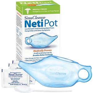 SinuCleanse Neti Pot with box, salt packets, and spoon for sinus and allergy relief