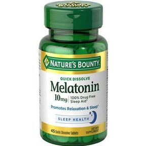 Nature's Bounty Melatonin 10mg bottle for sleep support, 45 quick dissolve tablets.