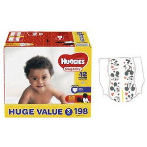 Huggies Snug & Dry size 3 diapers box with baby and single diaper featuring cartoon print.