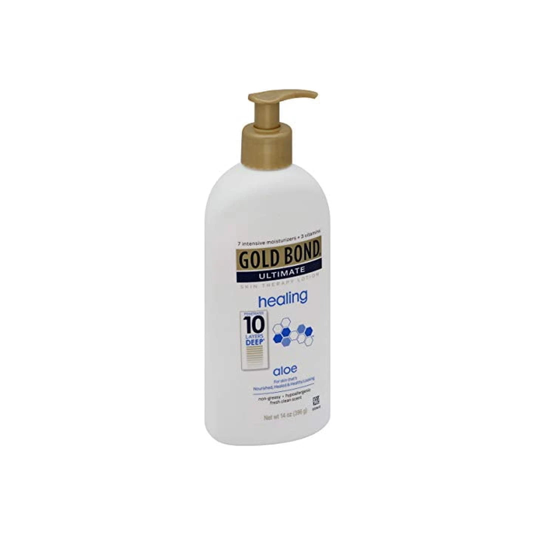 Gold Bond Ultimate healing lotion with aloe in a white pump bottle on white background