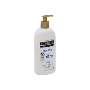 Gold Bond Ultimate healing lotion with aloe in a white pump bottle on white background