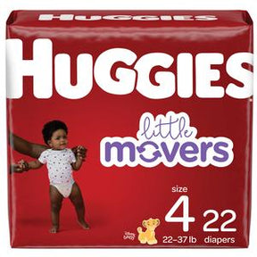 Huggies Little Movers size 4 diapers, 22 count pack with baby image on red packaging