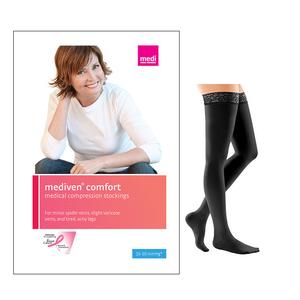 Mediven comfort medical compression stockings packaging and pair of black thigh-high stockings