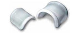 Pair of curved white plastic medical finger splints on white background