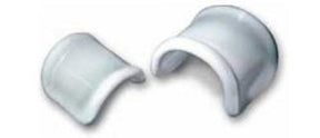 Pair of curved white plastic medical finger splints on white background