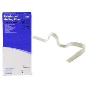 Reinforced gelling fiber wound dressing rope next to product box, medical supply.