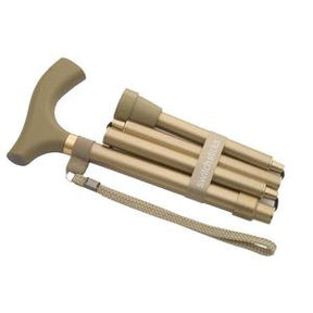 Foldable gold walking cane with ergonomic handle and wrist strap, mobility aid