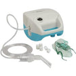 Home nebulizer machine with mask, tubing, filters, and mouthpiece on white background