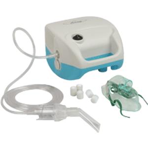 Home nebulizer machine with mask, tubing, filters, and mouthpiece on white background