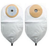 Two ostomy bags with adhesive flanges for medical supply and home care use