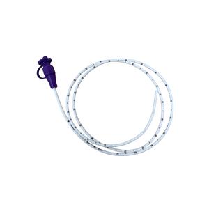 Medical feeding tube with purple connector on white background