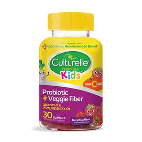 Culturelle Probiotics Kids Probiotic + Veggie Fiber gummies bottle, 30 count, berry flavor, for digestive and immune support