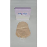 Ostomy pouch with beige medical bag and Safe n Simple packaging on white background