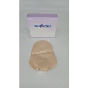 Ostomy pouch with beige medical bag and Safe n Simple packaging on white background
