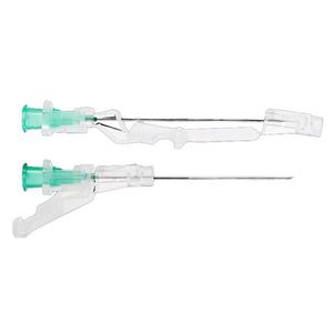 Sterile safety IV cannula with green hub and needle, medical supply for injections