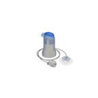 medical drainage bottle with tubing and blue cap on white background