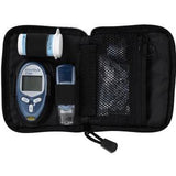 Portable blood glucose meter kit with test strips and lancet in black case