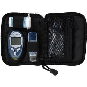 Portable blood glucose meter kit with test strips and lancet in black case