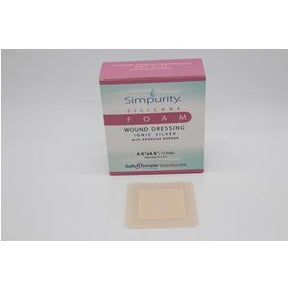 Simpurity foam wound dressing box with adhesive medical bandage in front, white background