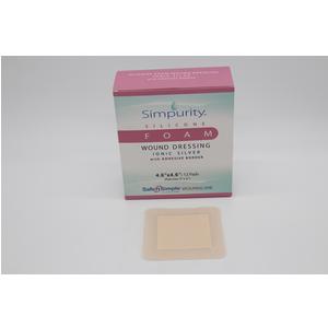 Simpurity foam wound dressing box with adhesive medical bandage in front, white background