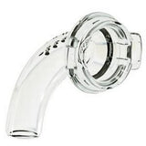 Clear curved medical connector for respiratory or CPAP device, isolated on white background.
