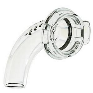 Clear curved medical connector for respiratory or CPAP device, isolated on white background.