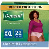 Depend Fit-Flex Underwear XXL maximum absorbency 22 count box with model in underwear