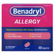 Benadryl Allergy 25mg tablets box for sneezing, runny nose, itchy eyes, and throat relief