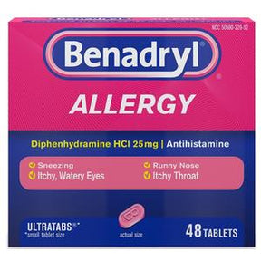 Benadryl Allergy 25mg tablets box for sneezing, runny nose, itchy eyes, and throat relief
