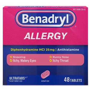 Benadryl Allergy 25mg tablets box for sneezing, runny nose, itchy eyes, and throat relief
