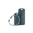 Portable hydration reservoir packs with attached flexible tubing on a white background