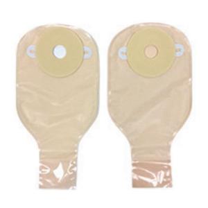 Two beige ostomy pouches with adhesive flanges for medical supply use