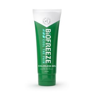 Biofreeze colorless gel tube for muscle and joint pain relief, green and white packaging