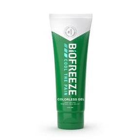 Biofreeze colorless gel tube for muscle and joint pain relief, green and white packaging