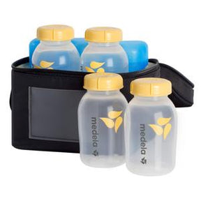 Breast milk storage bottles with yellow lids in insulated cooler bag, medical supply product