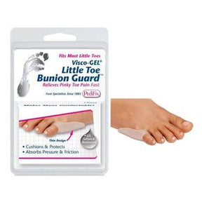 Little toe bunion guard packaging with foot wearing gel bunion protector for pain relief
