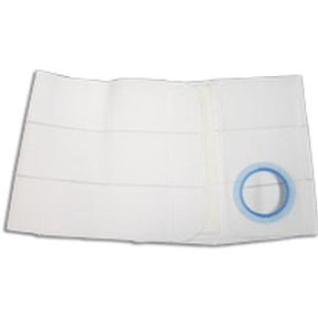 White ostomy belt with blue circular opening, medical supply for ostomy care