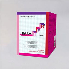 Box of EASY IRY tablets with bold graphics on a white and pink medical packaging.