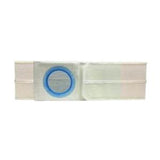 Ostomy belt with blue ring and adjustable white fabric for stoma care support